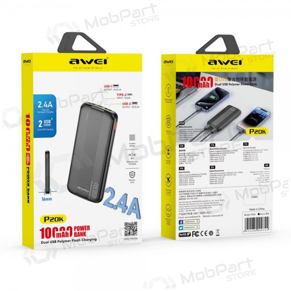 Ārējā baterija Power Bank Awei P20K 5V/2.4A 10000mAh melna