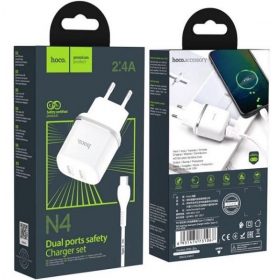 Lādētājs HOCO N4 Aspiring Dual USB + type-C kabelis (5V 2.4A) (balts)