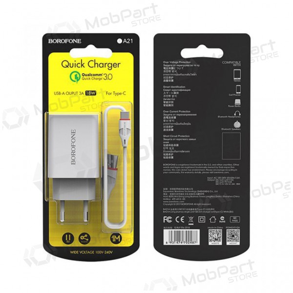 Lādētājs BOROFONE BA21A Long journey QC3.0 USB + Type-C kabelis 18W (3.6V-6.5V/3A, 6.6V-9V/2A, 9.1V-12V/1.5A) (balts)