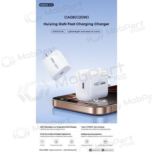 Tālruņa lādētājs Remax CA08 20 W USB-C balts