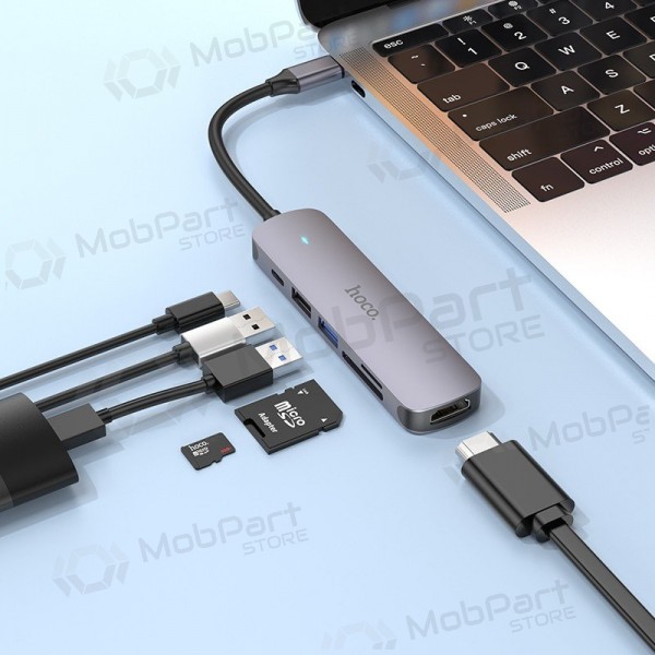 USB-C adapteris Hoco HB28 USB-C uz HDMI + USB 3.0 + USB 2.0 + SD + TF + PD pelēks
