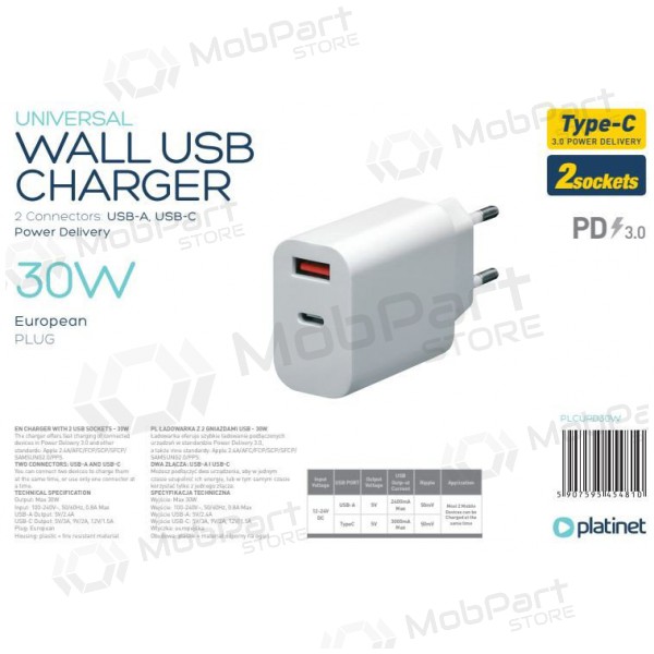 Platinet QuickCharge Type-C+USB 2.4A (30W) lādētājs