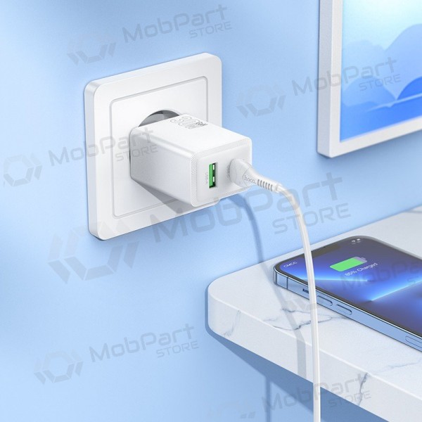 Tālruņa lādētājs Hoco N71 30 W GaN USB-C + USB-A ar Lightning kabeli 1 m balts