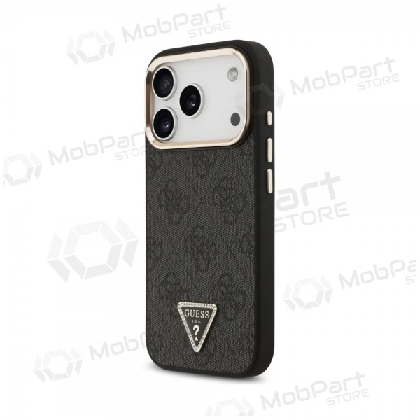 Apple iPhone 18 Pro Max maciņš - Guess PU Leather 4G Strass Triangle Logo Gold Frame MagSafe (melns)