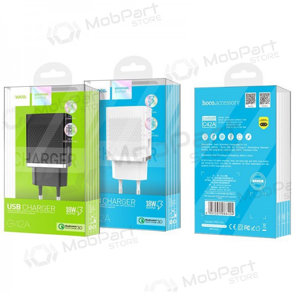 Lādētājs HOCO C42A Vast power QC3.0 USB 18W (3.6V-6.5V/3A, 6.6V-9V/2A, 9.1V-12V/1.5A) (balts)