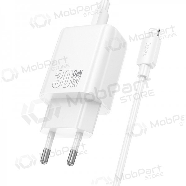 Tālruņa lādētājs Hoco N63 30 W GaN USB-C + USB-A ar Lightning kabeli 1 m balts