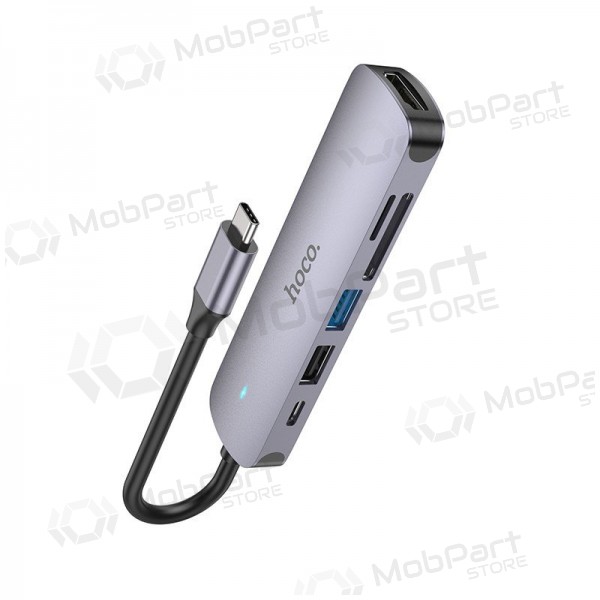 USB-C adapteris Hoco HB28 USB-C uz HDMI + USB 3.0 + USB 2.0 + SD + TF + PD pelēks