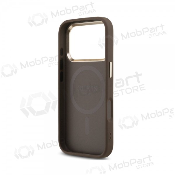 Apple iPhone 18 Pro maciņš - Guess PU Leather 4G Strass Triangle Logo Gold Frame MagSafe (brūns)