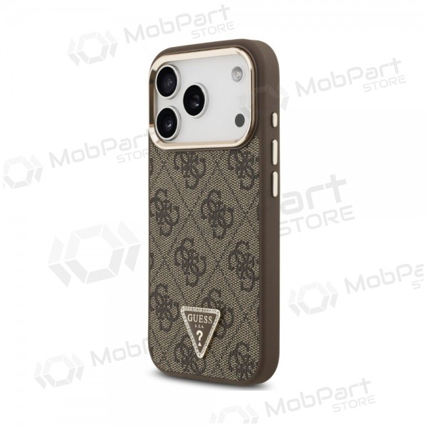 Apple iPhone 18 Pro maciņš - Guess PU Leather 4G Strass Triangle Logo Gold Frame MagSafe (brūns)