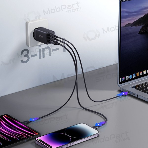 Lādētājs buitinis Joyroom GaN JR-TCG01 2xUSB-C/USB-A 65W + USB-C cable 1.2m melns
