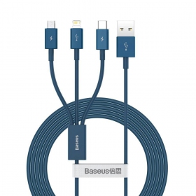 USB kabelis Baseus Superior USB - microUSB+Lightning+Type-C 100W 1.5m (zils) CAMLTYS-03