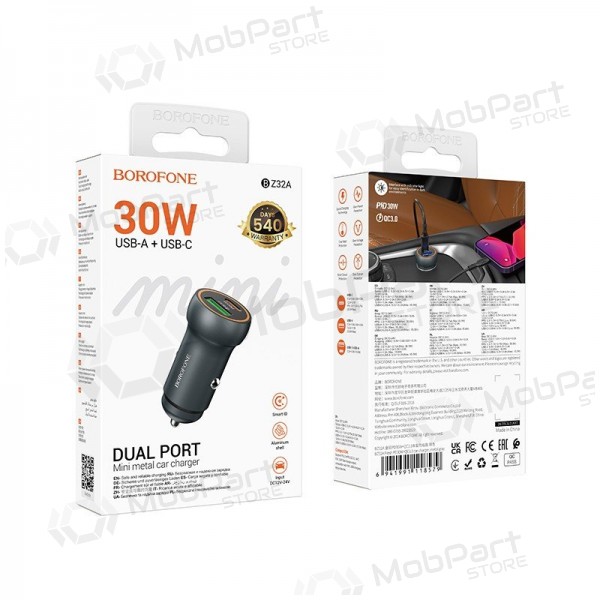 Auto lādētājs Borofone BZ32A USB-C/USB-A 30W pelēks