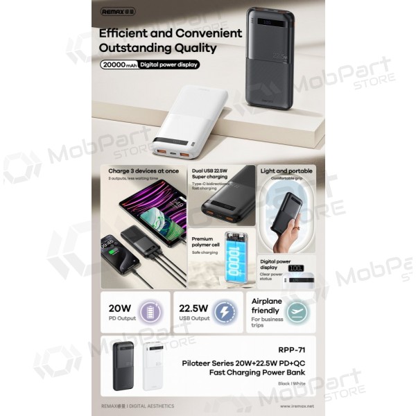 Ārējā baterija Power Bank Remax RPP-71 22.5W 10000mAh melna