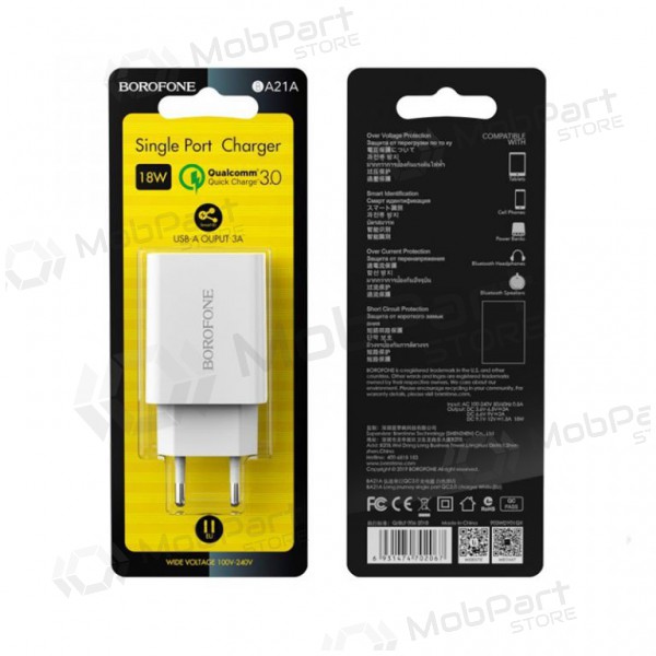 Lādētājs BOROFONE BA21A Long journey QC3.0 USB 18W (3.6V-6.5V/3A, 6.6V-9V/2A, 9.1V-12V/1.5A) (balts)