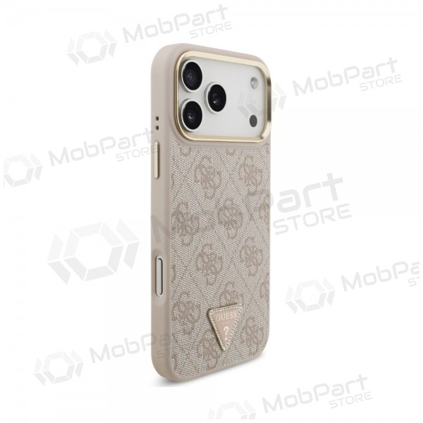 Apple iPhone 18 Pro Max maciņš - Guess PU Leather 4G Strass Triangle Logo Gold Frame MagSafe (rozā)
