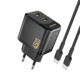 Tālruņa lādētājs Dudao A28PC 45 W GaN 2x USB-C ar USB-C kabeli 1 m melns