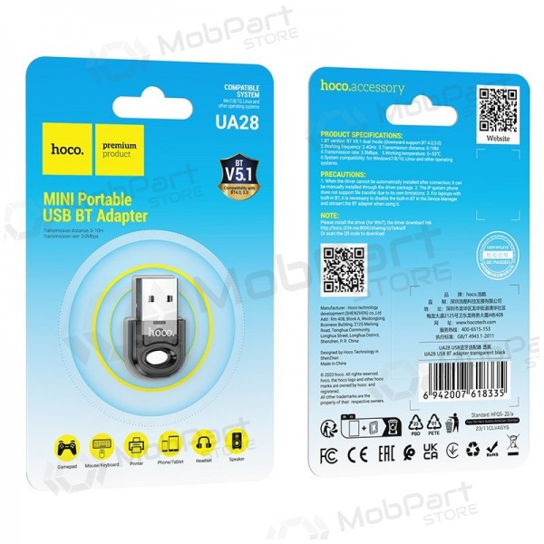 Bluetooth adapteris Hoco UA28 Bluetooth 5.1 melns