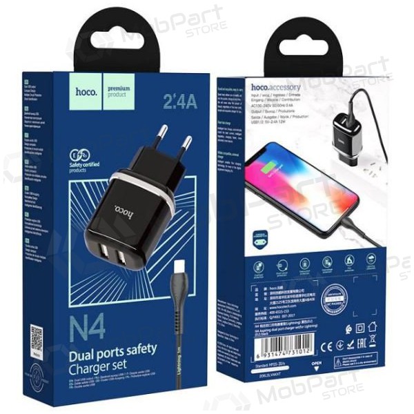 Lādētājs HOCO N4 Aspiring Dual USB + type-C kabelis (5V 2.4A) (melns)