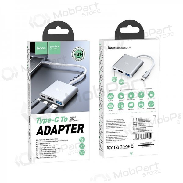 Adapteris Hoco HB14 Type-C to USB-A+HDMI+Type-C sudraba