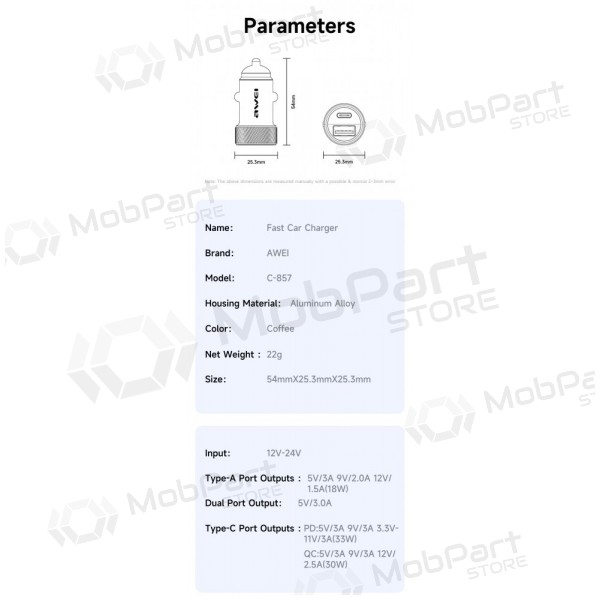 Auto lādētājs Awei C-857 33W USB-C/USB-A melns