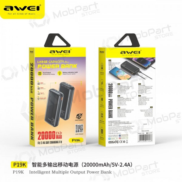 Ārējā baterija Power Bank Awei P19K 5V/2.4A 20000mAh melna