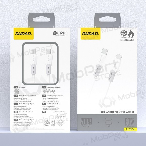 USB-C kabelis Dudao L25SC USB-C uz USB-C 2 m 60 W balts