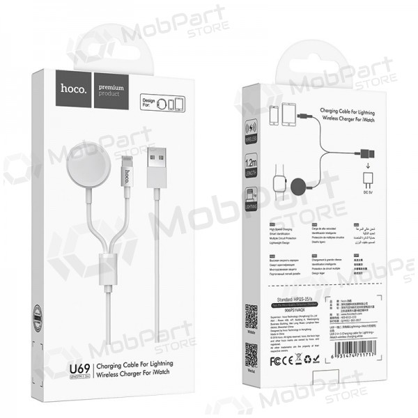 USB kabelis HOCO U69 lightning 1.0m (with iWatch wireless charger) (balts)