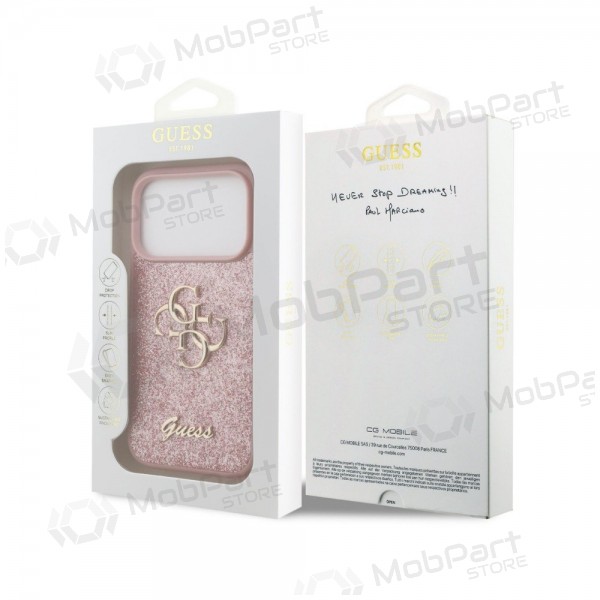 Apple iPhone 18 Pro maciņš - Guess PU Fixed Glitter 4G Metal Logo (rozā)