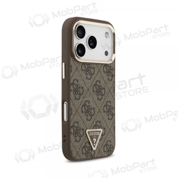 Apple iPhone 18 Pro maciņš - Guess PU Leather 4G Strass Triangle Logo Gold Frame MagSafe (brūns)