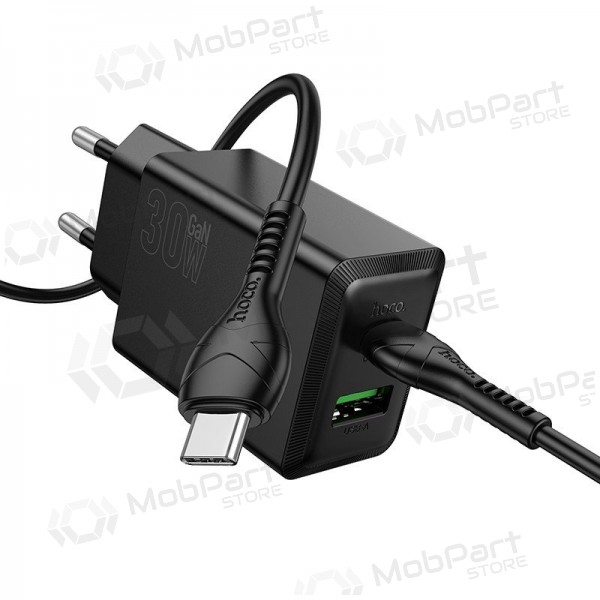 Tālruņa lādētājs Hoco N71 30 W GaN USB-C + USB-A ar USB-C kabeli 1 m melns