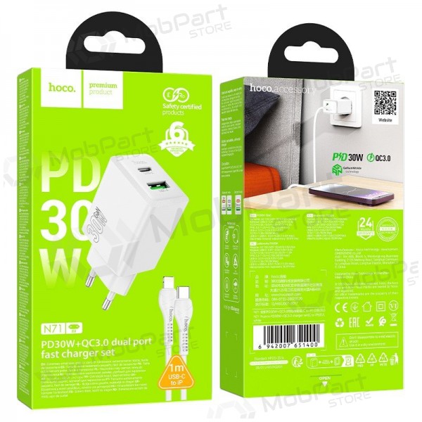 Tālruņa lādētājs Hoco N71 30 W GaN USB-C + USB-A ar Lightning kabeli 1 m balts