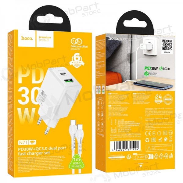 Tālruņa lādētājs Hoco N71 30 W GaN USB-C + USB-A ar USB-C kabeli 1 m balts