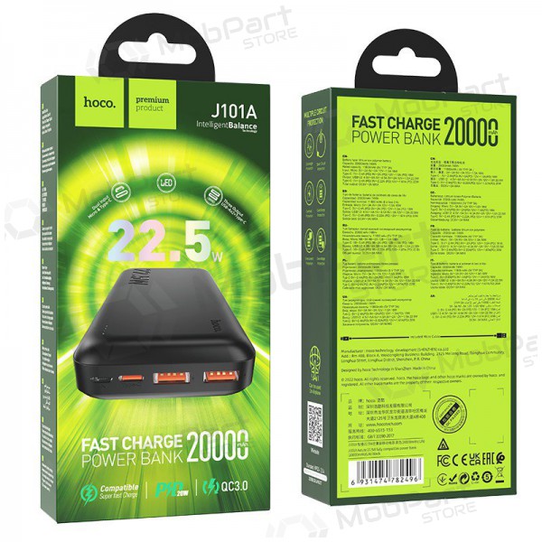 Ārējā baterija Power Bank Hoco J101A PD 20W+Quick Charge 3.0 22.5W 20000mAh melna