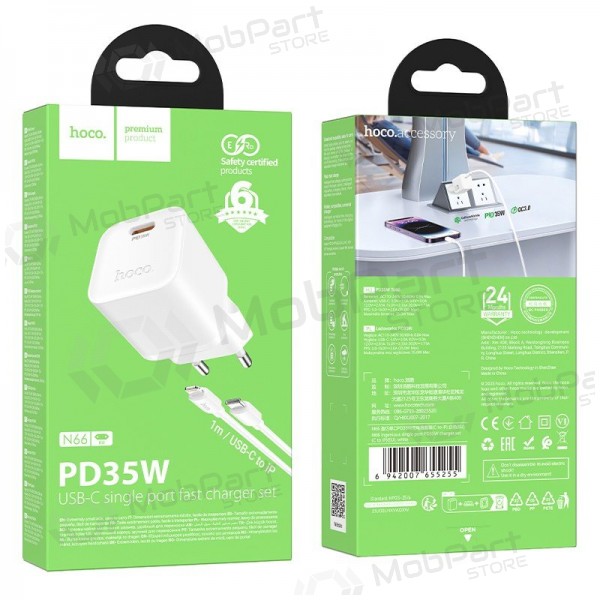 Tālruņa lādētājs Hoco N66 35 W GaN USB-C + USB-A ar Lightning kabeli 1 m balts