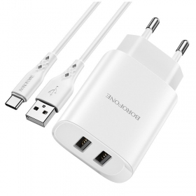 Lādētājs Borofone BN2 2xUSB 2.1A + USB Type-C (balts)