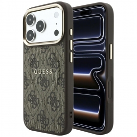 Apple iPhone 18 Pro Max maciņš - Guess PU Leather 4G Gold Frame Embossed MagSafe (brūns)