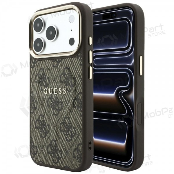 Apple iPhone 18 Pro Max maciņš - Guess PU Leather 4G Gold Frame Embossed MagSafe (brūns)