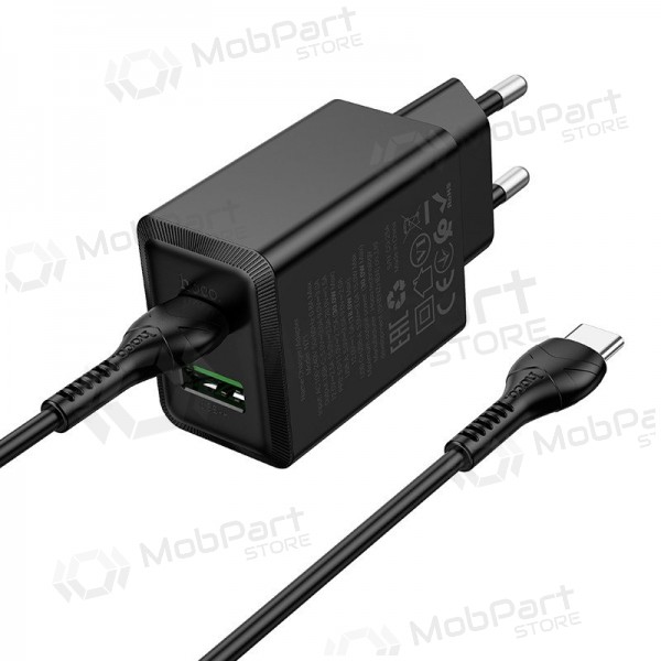 Tālruņa lādētājs Hoco N71 30 W GaN USB-C + USB-A ar USB-C kabeli 1 m melns