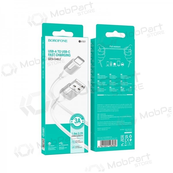 USB-C kabelis Borofone BX101 USB-A uz USB-C 1 m balts