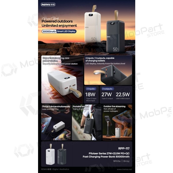 Ārējā baterija Power Bank Remax RPP-117 22.5W 50000mAh melna