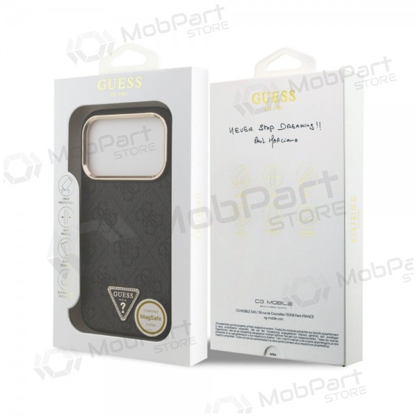 Apple iPhone 18 Pro maciņš - Guess PU Leather 4G Strass Triangle Logo Gold Frame MagSafe (melns)