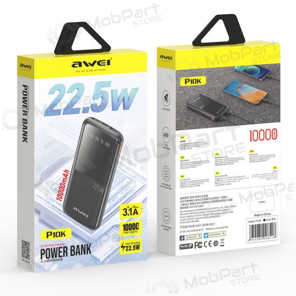 Ārējā baterija Power Bank Awei P10K 22.5W 10000mAh melna