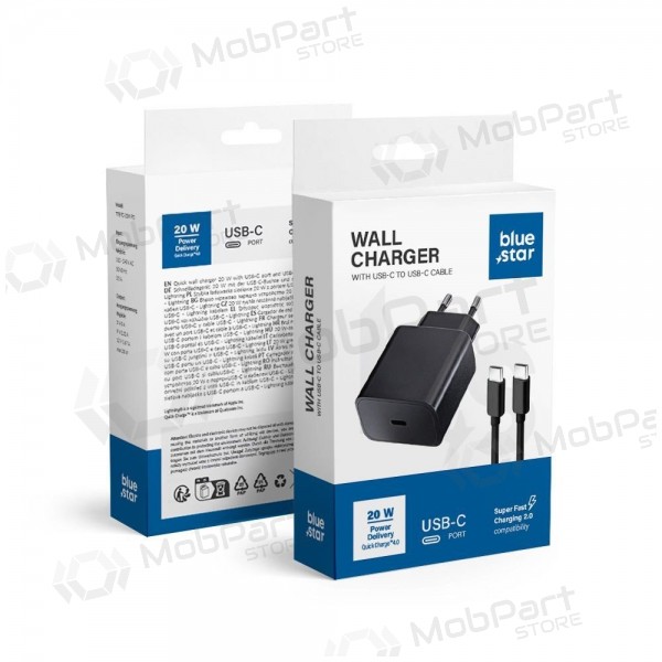 Tālruņa lādētājs Blue Star 20 W USB-C ar USB-C kabeli melns