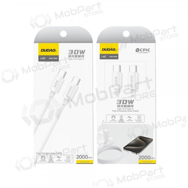USB-C kabelis Dudao L4C USB-C uz USB-C 2 m 30 W balts