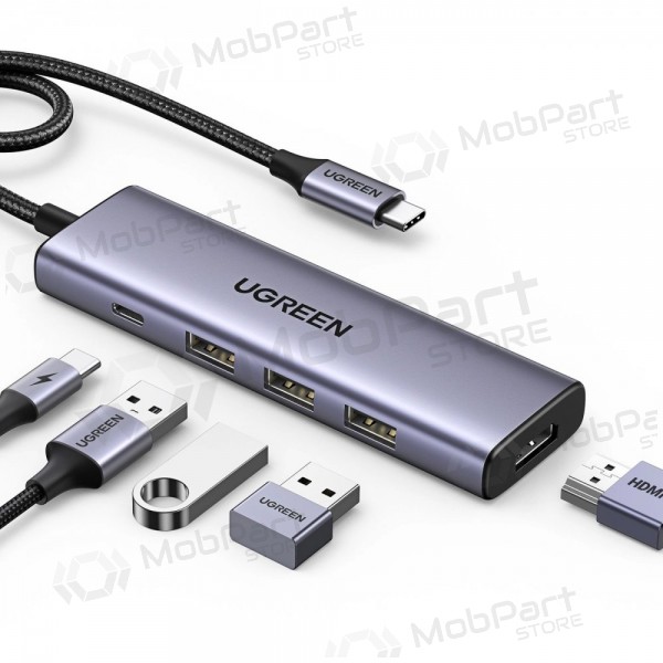 Adapteris Ugreen CM511 USB-C to HDMI 1.4 + 3xUSB-A + USB-C PD100W pelēks