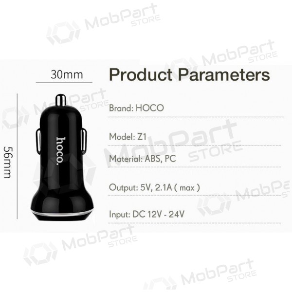 Auto lādētājs HOCO Z1 Dual USB (5V 2.1A) (balts)