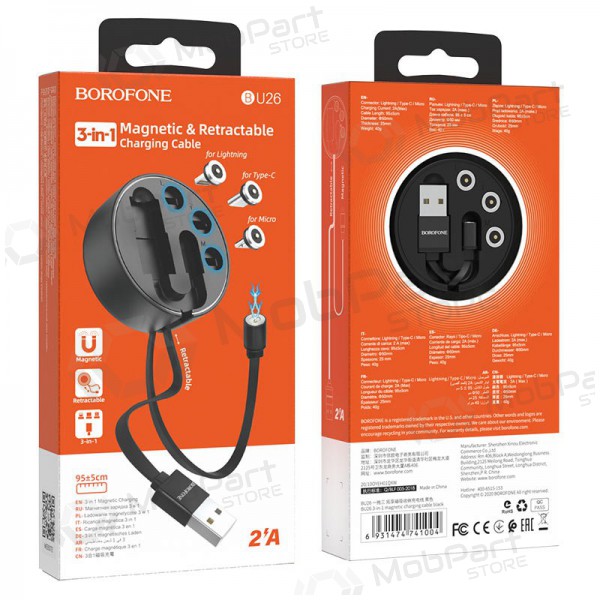 USB kabelis Borofone BU26 3in1 microUSB-Lightning-Type-C magnetinic 1.0m (melns)