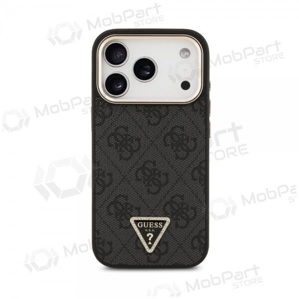 Apple iPhone 18 Pro Max maciņš - Guess PU Leather 4G Strass Triangle Logo Gold Frame MagSafe (melns)