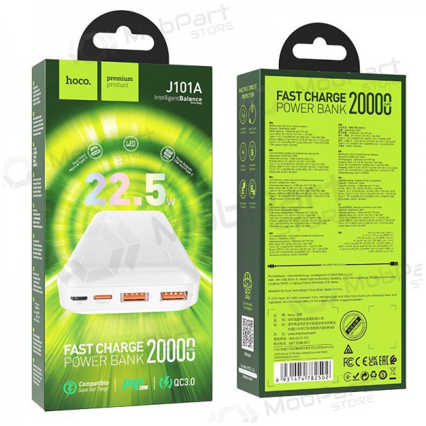 Ārējā baterija Power Bank Hoco J101A PD 20W+Quick Charge 3.0 22.5W 20000mAh balta