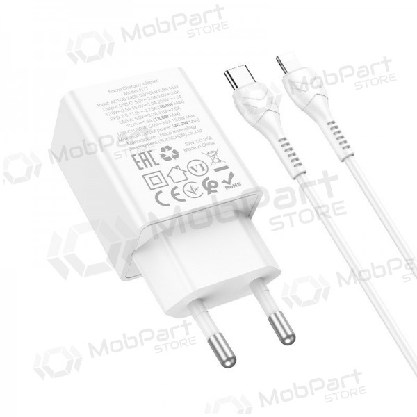 Tālruņa lādētājs Hoco N71 30 W GaN USB-C + USB-A ar Lightning kabeli 1 m balts